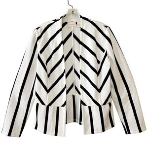 Chicos Black White Striped Open Front Blazer S Ribbed Knit Peplum Work Jacket